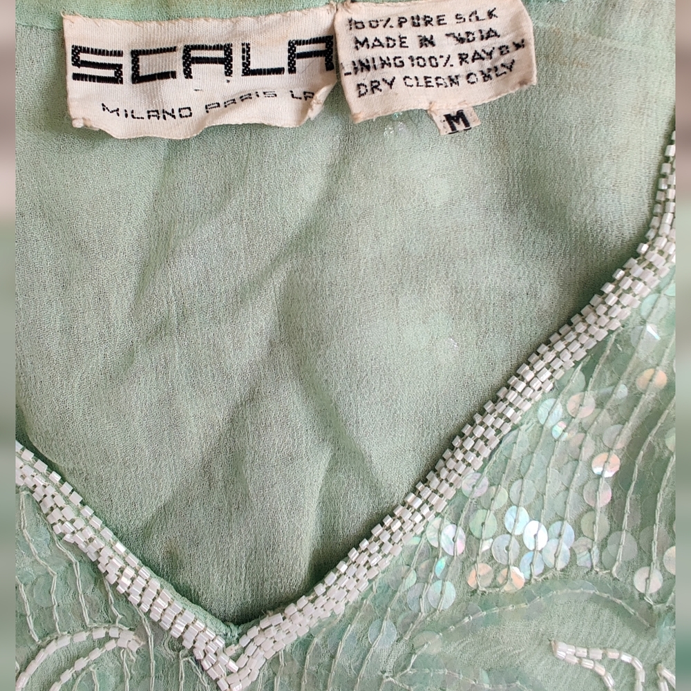 Scala Vintage Breaded Silk Flapper Dress In Aqua Size Medium - Picture 5 of 8